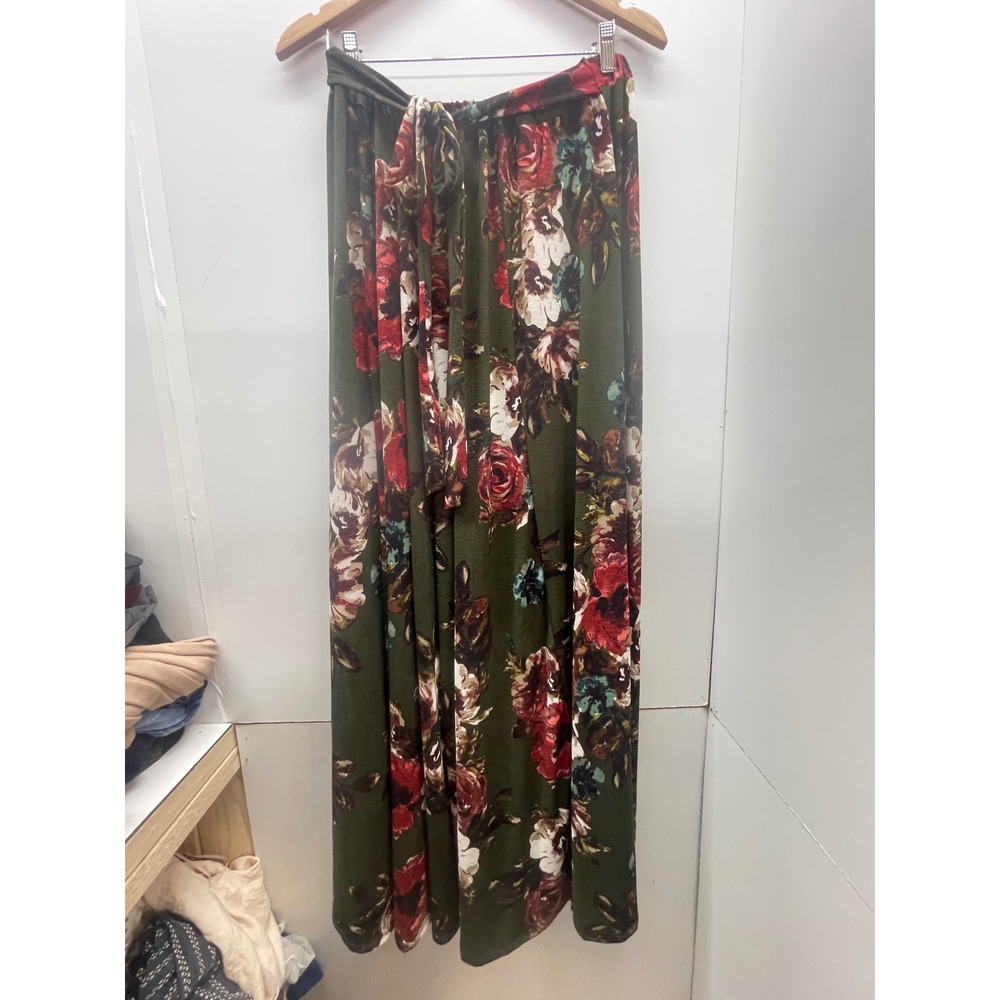Minette Olive Green Floral Wide Leg pants Palazzo XL Elastic Waist Tie Belt